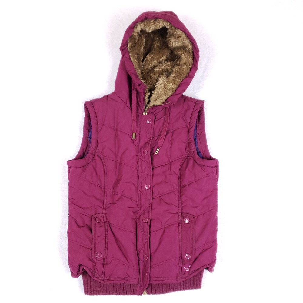 American Eagle‎ Vest Hooded Faux Fur Lined S Magenta Quilted Puffer Streetwear